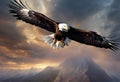 a bald eagle soaring high above a mountain range at dusk Royalty Free Stock Photo