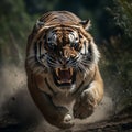 AI generated illustration of a majestic Bengal tiger running through the jungle