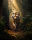 AI generated illustration of a majestic Bengal tiger striding through a sunlit forest