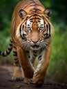 a tiger walking along the forest path with his front paws on the ground