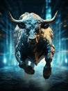 AI generated illustration of a majestic black bull in motion on the background of city at night