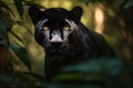 AI generated illustration of a majestic black panther strolling through a lush green forest