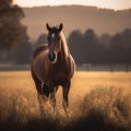 AI generated illustration of a majestic brown horse in a field of tall green grass Royalty Free Stock Photo