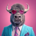 AI generated illustration of a majestic buffalo in a funky blue pink suit on a bright background