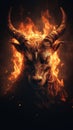 AI generated illustration of a majestic bull gazing out engulfed in vibrant flames