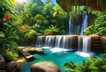 AI generated illustration of a majestic cartoon waterfall cascading through a lush tropical forest Royalty Free Stock Photo