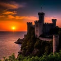 AI-generated illustration of a majestic castle on a hill, overlooking the tranquil ocean at sunset Royalty Free Stock Photo