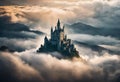 AI generated illustration of a majestic castle situated on a hillside with clouds in the backdrop