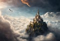 AI generated illustration of a majestic castle situated on a hillside with clouds in the backdrop