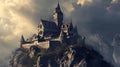 AI generated illustration of a majestic castle stands atop a mountain peak