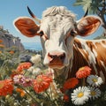 AI generated illustration of a majestic cow standing in a lush green field of vibrant flowers Royalty Free Stock Photo