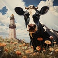 AI generated illustration of a majestic cow standing in a lush green field of vibrant flowers Royalty Free Stock Photo