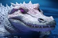 AI generated illustration of A majestic crocodile, with vibrant pink eyes with a blue background
