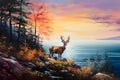 a painting of a deer on the side of a hill near the ocean