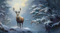 AI generated illustration of a majestic deer stands in a wintery landscape with snow-laden trees