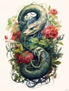 AI generated illustration of a majestic dragon atop a lush branch of blossoming flowers