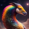 a large rainbow colored dragon head with clouds and stars behind it Royalty Free Stock Photo