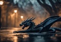 AI generated illustration of a majestic dragon lying on the ground on the street