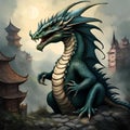 a dragon is sitting on the edge of a cliff next to a pagoda Royalty Free Stock Photo