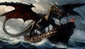 a large dragon flying over a ship in the ocean on a cloudy day Royalty Free Stock Photo