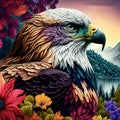 AI generated illustration of a majestic eagle perched atop a pile of vibrant wildflowers
