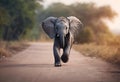 AI generated illustration of A majestic elephant strolling down a street