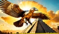 an image of a falcon flying in the sky next to an egyptian pyramid