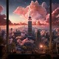 AI generated illustration of a majestic fantasy cityscape atop a hill in a dreamy sunset sky