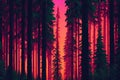 AI generated illustration of a majestic forest illuminated by a beautiful, glowing orange sunset