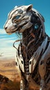 AI generated illustration of A majestic futuristic lion stands tall in the golden desert