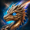 AI generated illustration of a majestic gold-colored dragon with piercing blue eyes