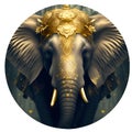 AI generated illustration of a majestic gold-colored elephant with decorations