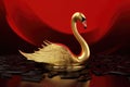 AI generated illustration of a majestic gold swan swimming in a large lake of gold coins