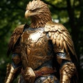 AI generated illustration of a majestic golden eagle wearing ornate armor in an outdoor setting