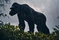 a gorilla stands in the rain while it's raining