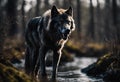 AI generated illustration of a majestic gray wolf on a large rock overlooking a peaceful river
