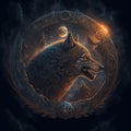 AI generated illustration of a majestic gray wolf portrayed in a glowing golden light