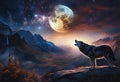 AI generated illustration of a majestic grey wolf atop a rocky outcrop with a full moon at night Royalty Free Stock Photo