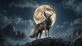 a wolf standing on a rock looking up at the moon Royalty Free Stock Photo