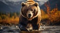 AI-generated illustration of A majestic grizzly bear ambling through a picturesque river