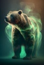 AI generated illustration of a grizzly bear with swirling green smoke on the dark background