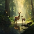 AI-generated illustration of a majestic herd of deer standing by a river at sunset Royalty Free Stock Photo