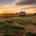 AI generated illustration of a majestic horse in an open pasture at sunset, with a wooden barn Royalty Free Stock Photo