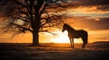 AI generated illustration of a majestic horse standing against a brilliant sunset backdrop