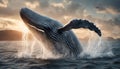 AI generated illustration of a majestic humpback whale leaping from the sparkling ocean