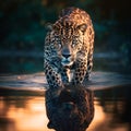 AI generated illustration of a majestic jaguar walking across the sun-dappled water