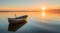 the sun is setting on the water near a boat in the middle Royalty Free Stock Photo