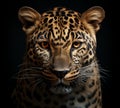 AI generated illustration of a majestic leopard looks intently into the lens on a black background