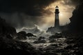 AI generated illustration of a majestic lighthouse on the rocky shore with stormy waves