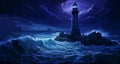 AI generated illustration of a majestic lighthouse stands tall at night over a stormy ocean Royalty Free Stock Photo